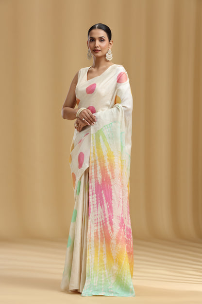 Ivory Dola Silk Tussar Print Saree (Unstitched)