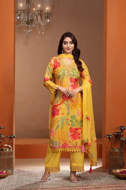 Yellow Crepe Kurta with Gota Patti, Mirror & Thread Work