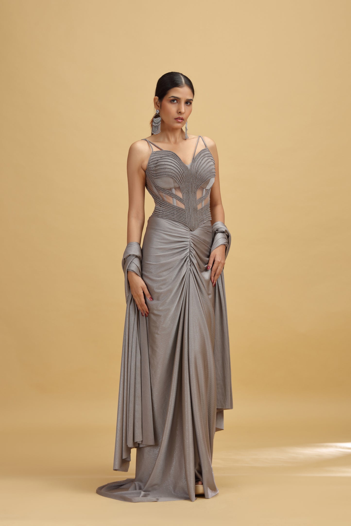 Grey Lycra Saree with Stitched Blouse and Stone Embellishments