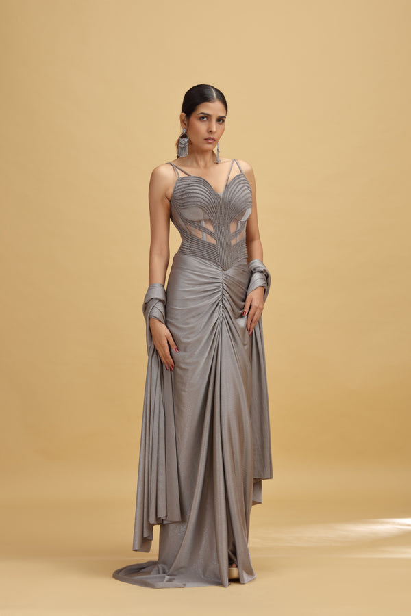 Grey Lycra Saree with Stitched Blouse and Stone Embellishments