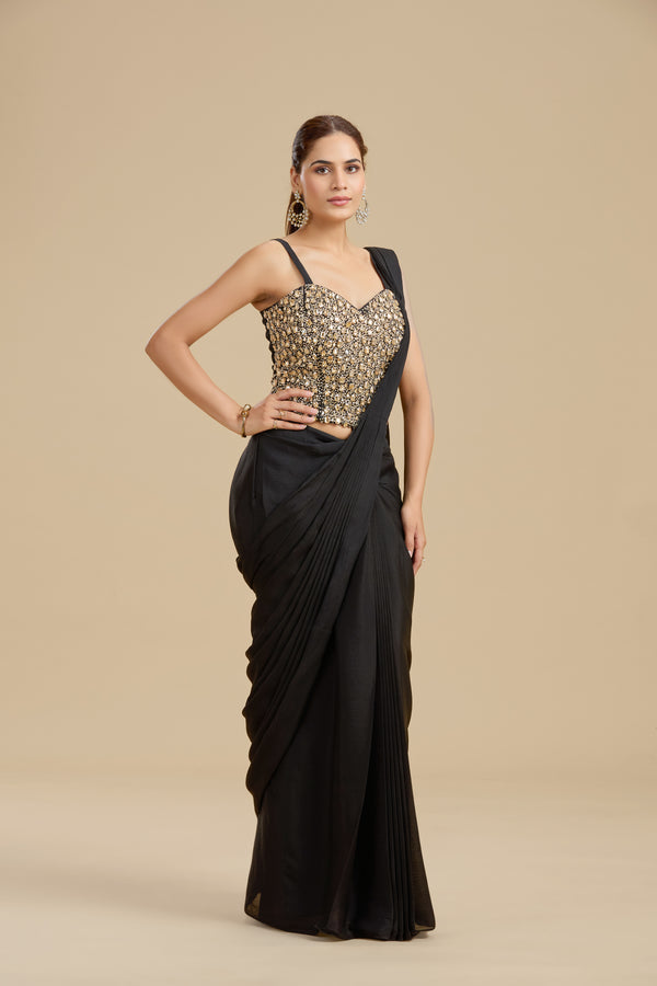 Black Draped Saree with Intricate Kundan Blouse