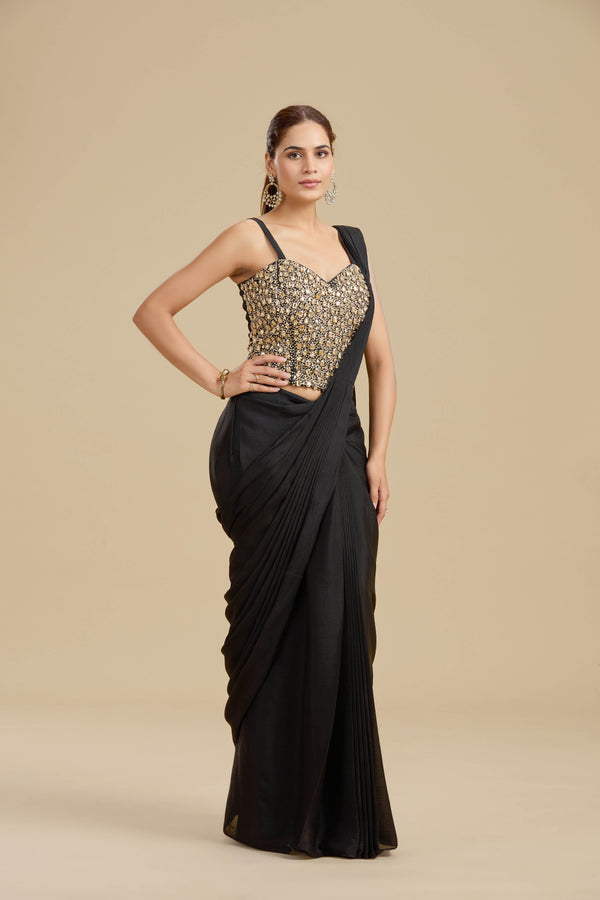 Black Draped Saree with Intricate Kundan Blouse