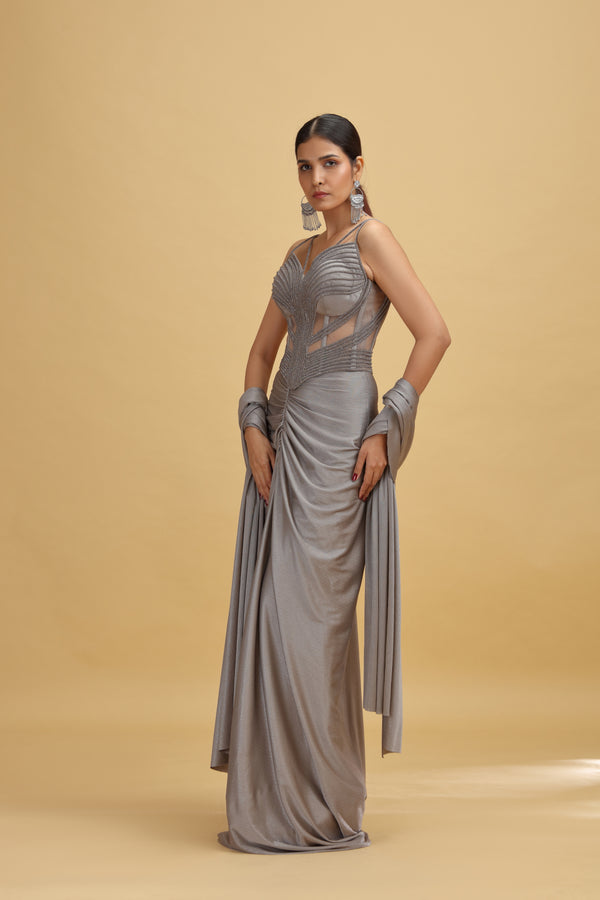 Grey Lycra Saree with Stitched Blouse and Stone Embellishments