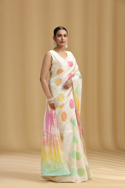 Ivory Dola Silk Tussar Print Saree (Unstitched)