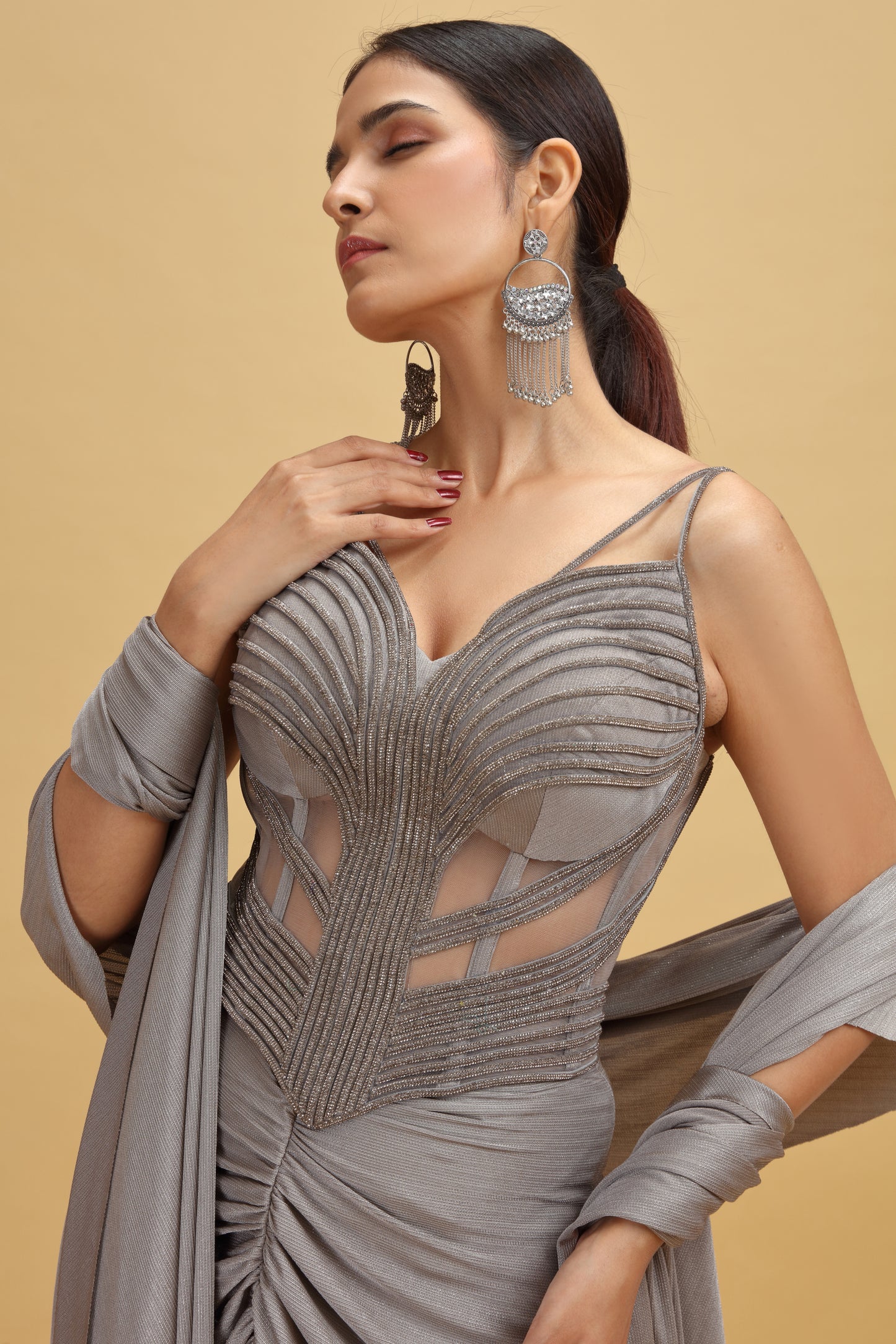 Grey Lycra Saree with Stitched Blouse and Stone Embellishments