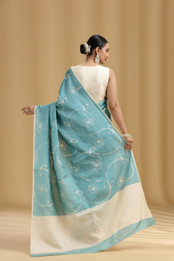 Ice Blue Dola Silk Tussar Print Saree (Unstitched)