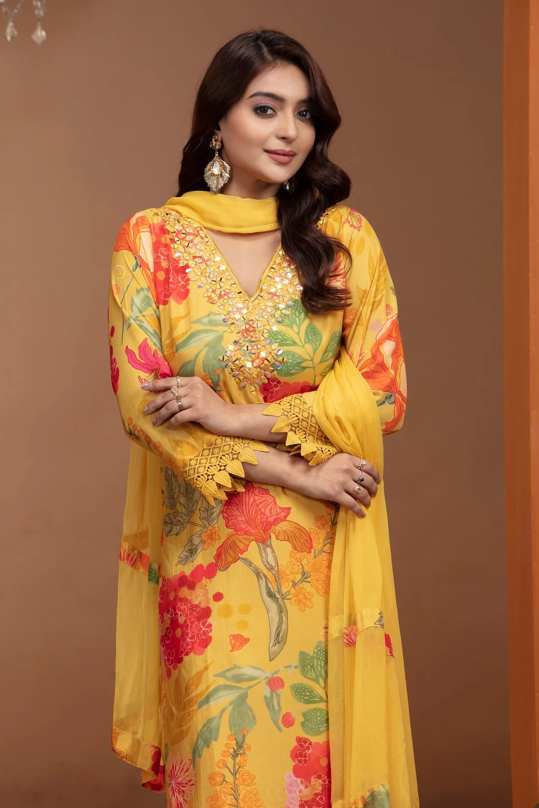 Yellow Crepe Kurta with Gota Patti, Mirror & Thread Work