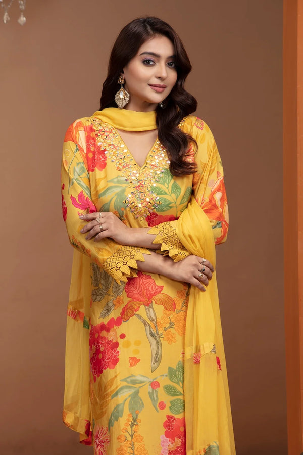 Yellow Crepe Kurta with Gota Patti, Mirror & Thread Work