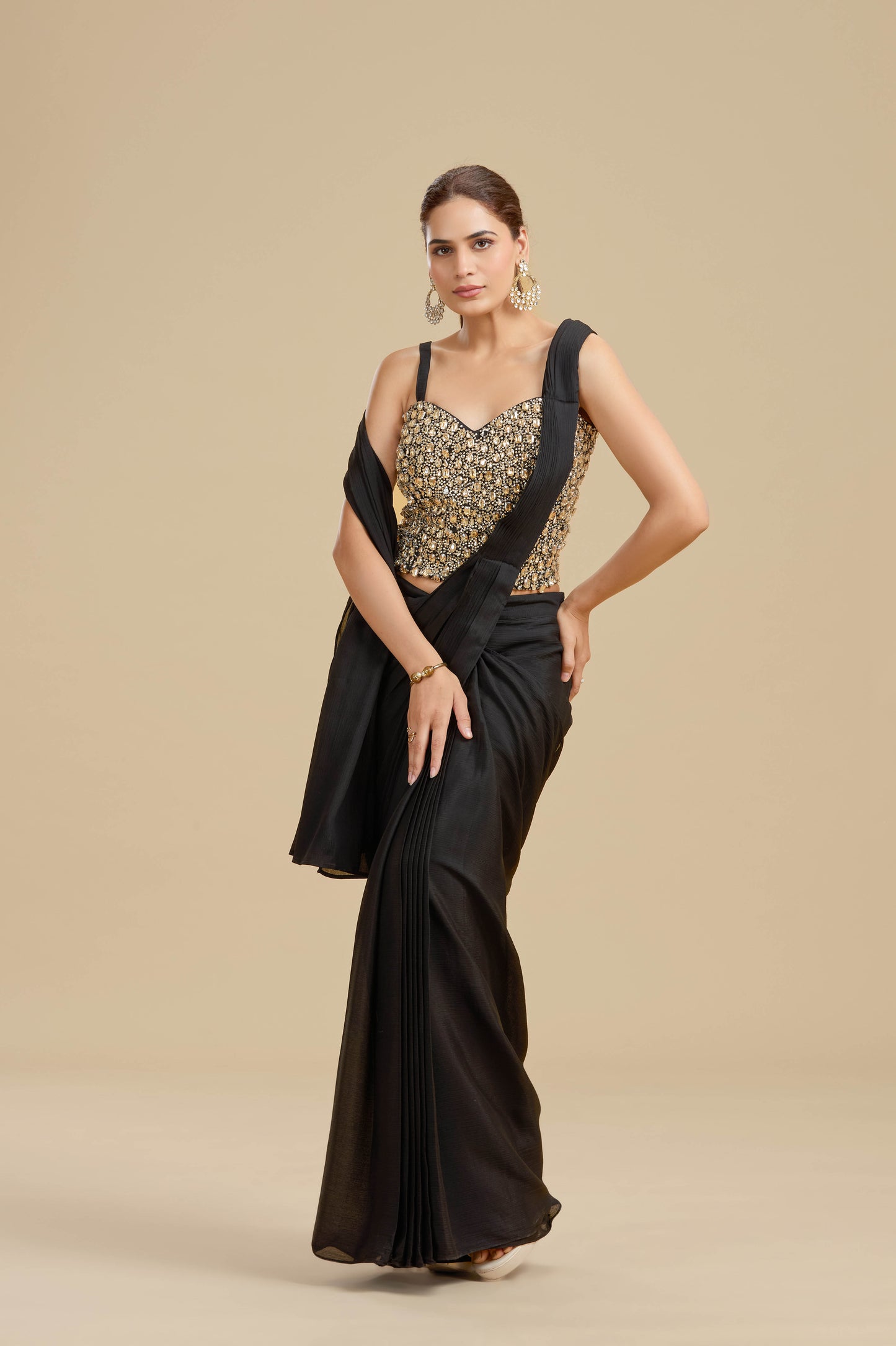 Black Draped Saree with Intricate Kundan Blouse