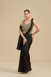 Black Draped Saree with Intricate Kundan Blouse