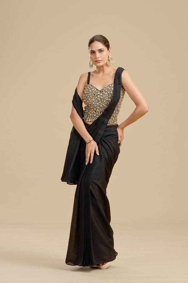 Black Draped Saree with Intricate Kundan Blouse