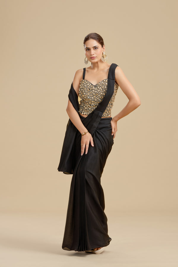 Black Draped Saree with Intricate Kundan Blouse