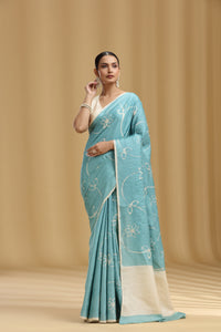 Ice Blue Dola Silk Tussar Print Saree (Unstitched)