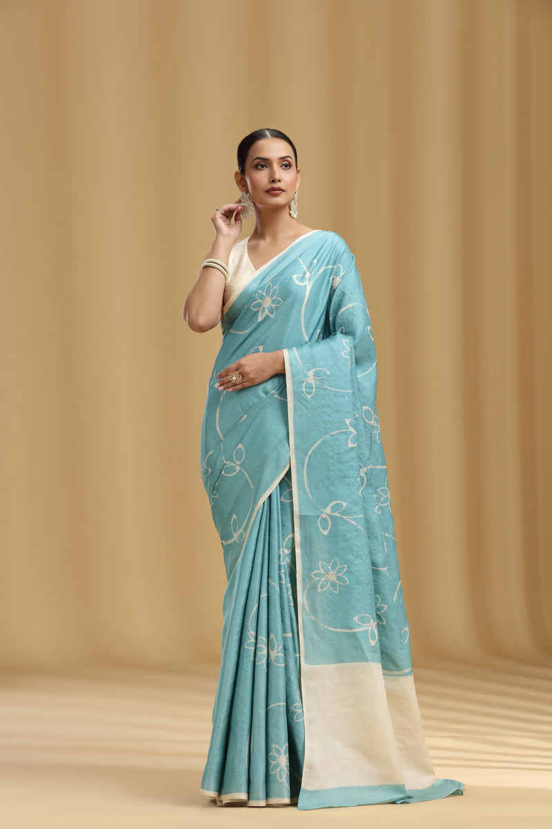 Ice Blue Dola Silk Tussar Print Saree (Unstitched)