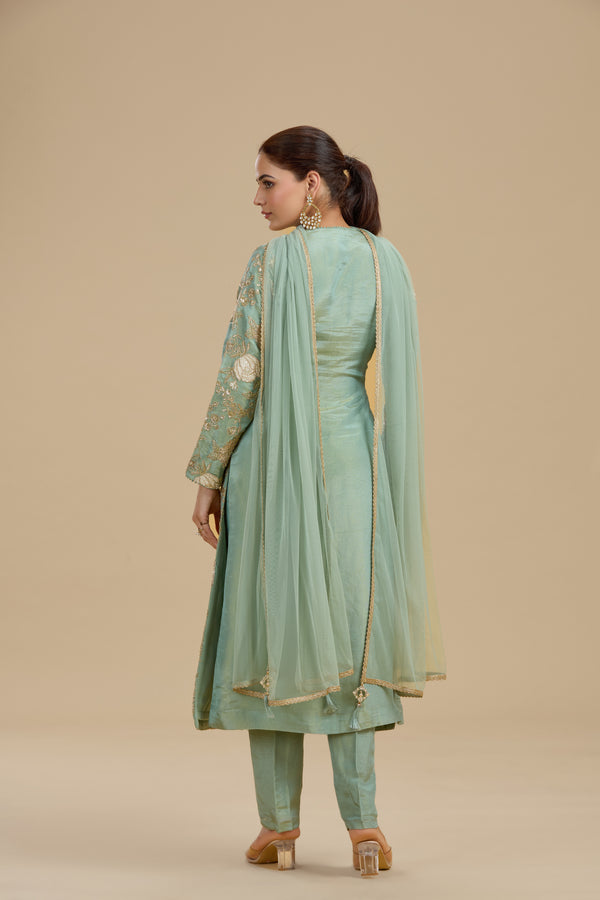 Sea Green Tissue Suit Set with Sequins, Cutdana & Zari Work