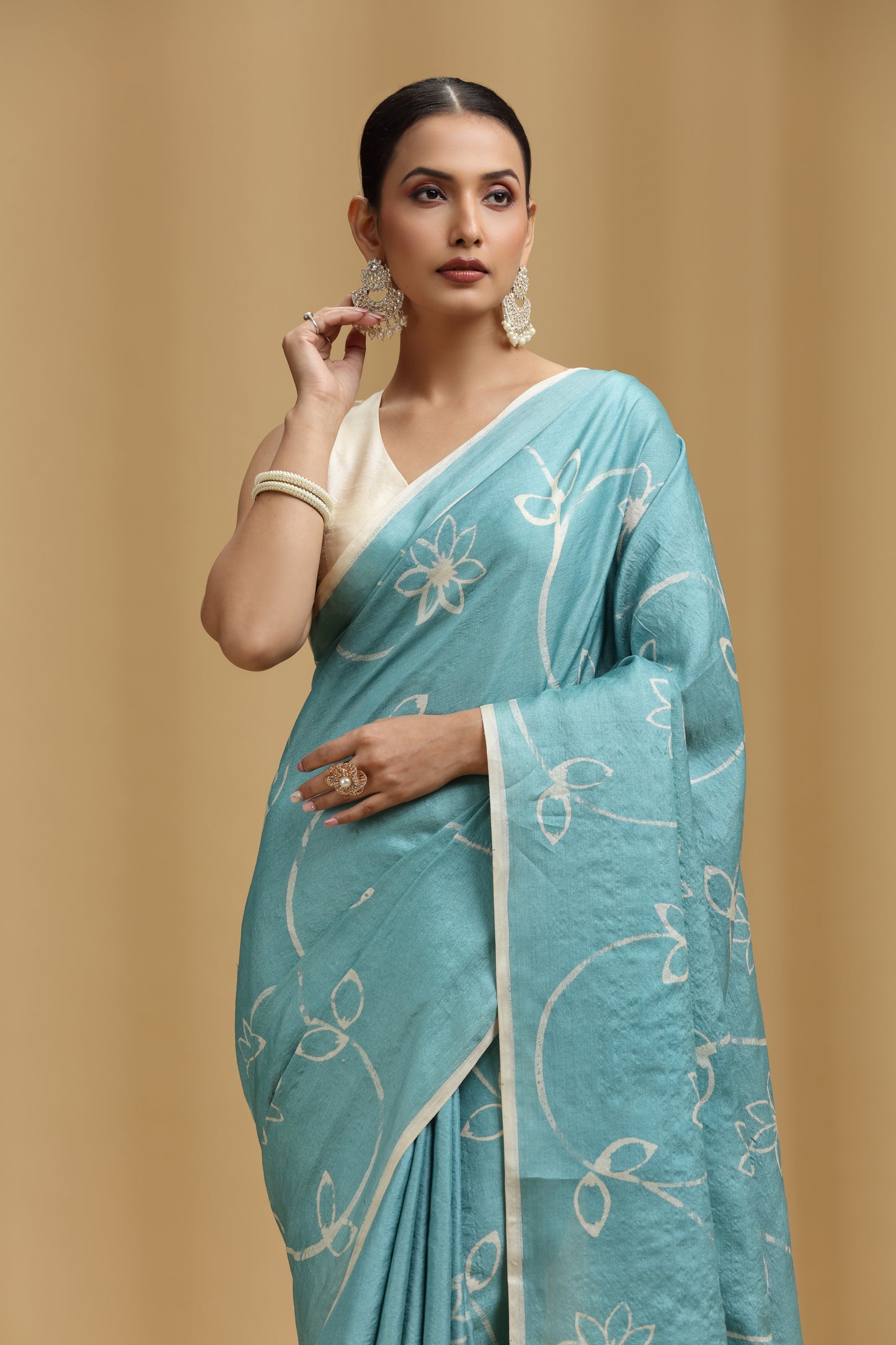 Ice Blue Dola Silk Tussar Print Saree (Unstitched)