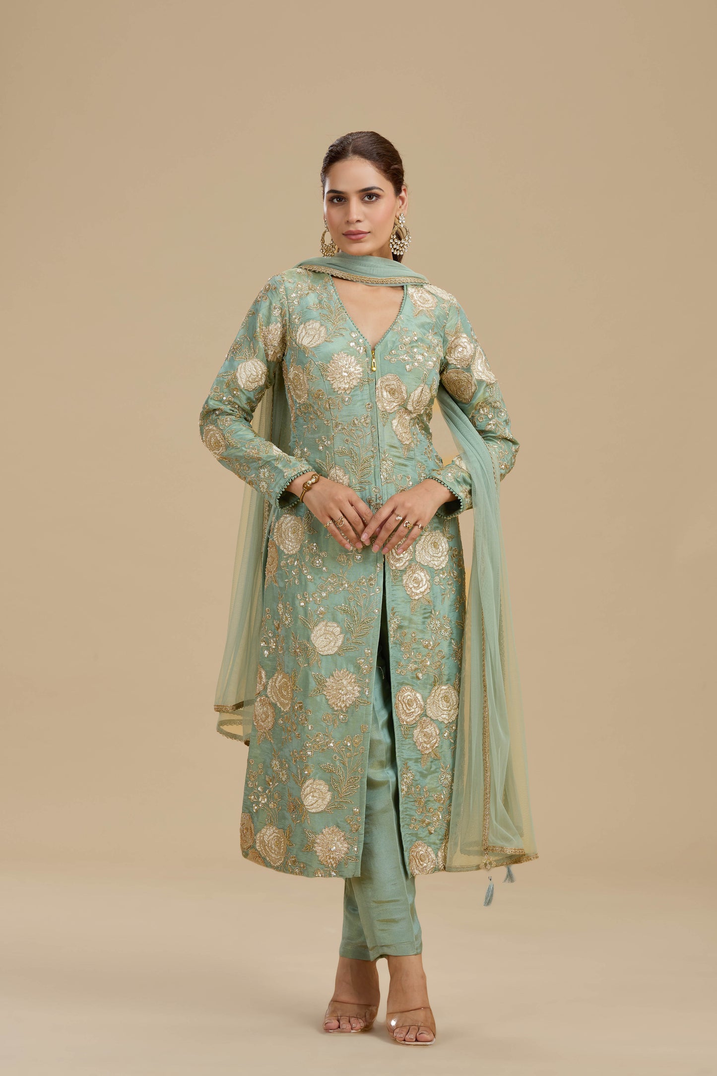 Sea Green Tissue Suit Set with Sequins, Cutdana & Zari Work