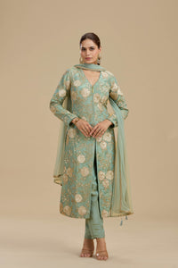 Sea Green Tissue Suit Set with Sequins, Cutdana & Zari Work