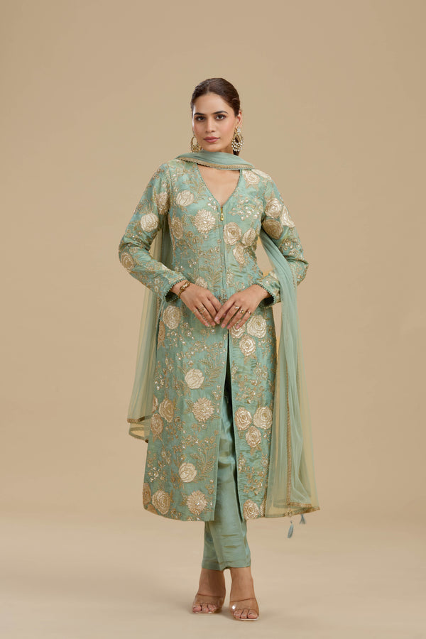 Sea Green Tissue Suit Set with Sequins, Cutdana & Zari Work