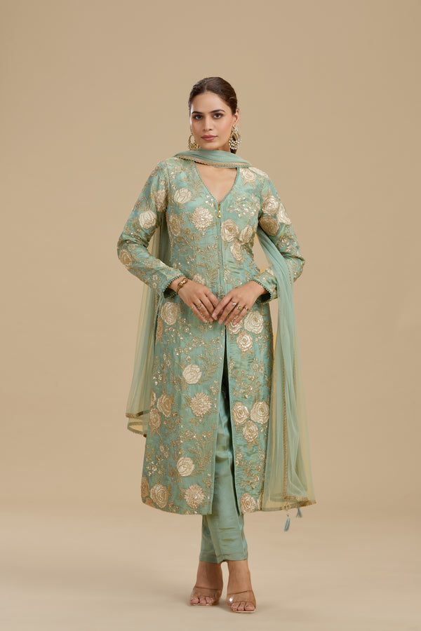 Sea Green Tissue Suit Set with Sequins, Cutdana & Zari Work