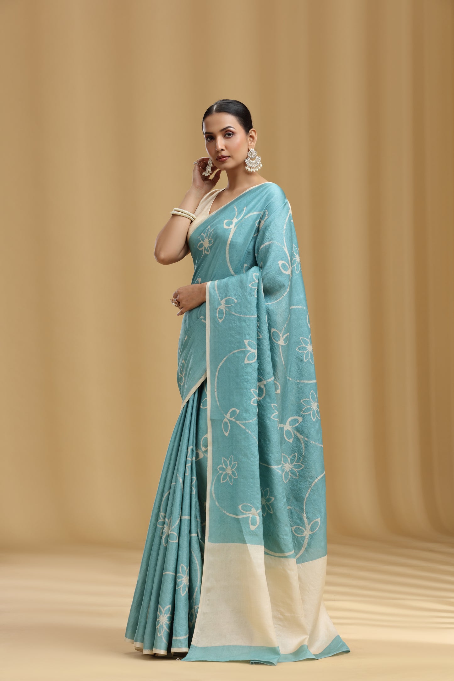 Ice Blue Dola Silk Tussar Print Saree (Unstitched)