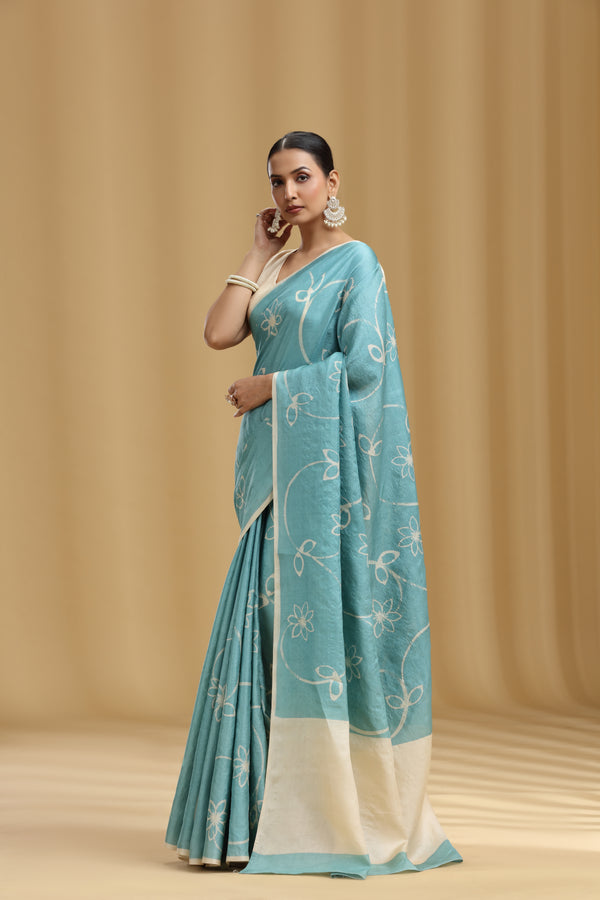 Ice Blue Dola Silk Tussar Print Saree (Unstitched)