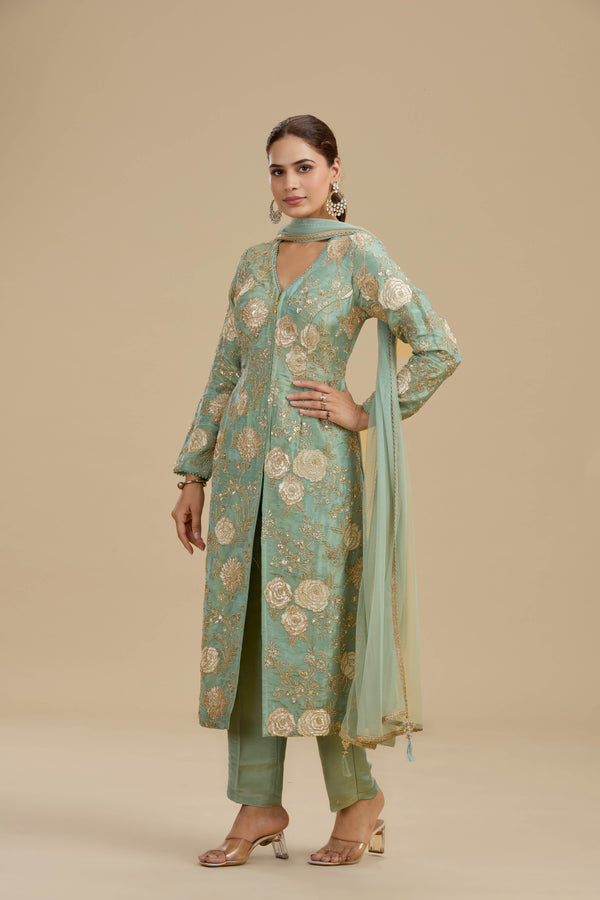 Sea Green Tissue Suit Set with Sequins, Cutdana & Zari Work