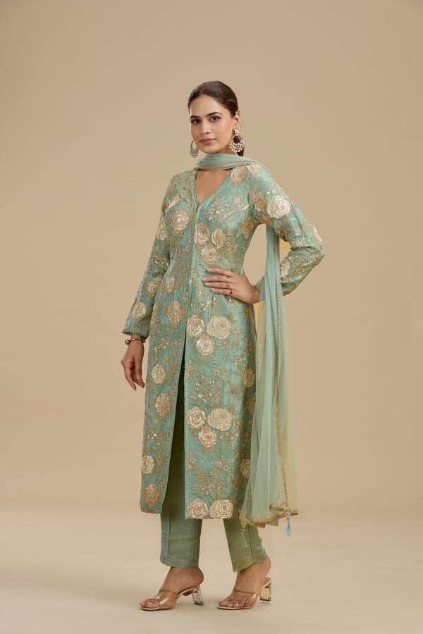Sea Green Tissue Suit Set with Sequins, Cutdana & Zari Work