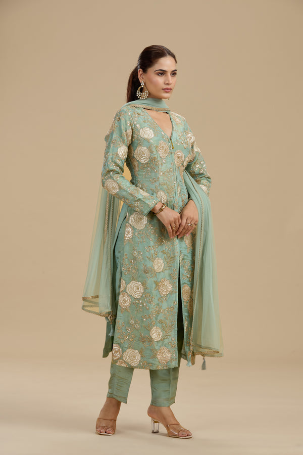 Sea Green Tissue Suit Set with Sequins, Cutdana & Zari Work
