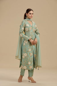Sea Green Tissue Suit Set with Sequins, Cutdana & Zari Work