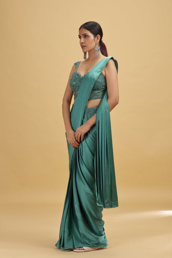 Green Crepe Saree with Net Blouse & Moti-Sequins Work