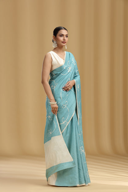 Ice Blue Dola Silk Tussar Print Saree (Unstitched)