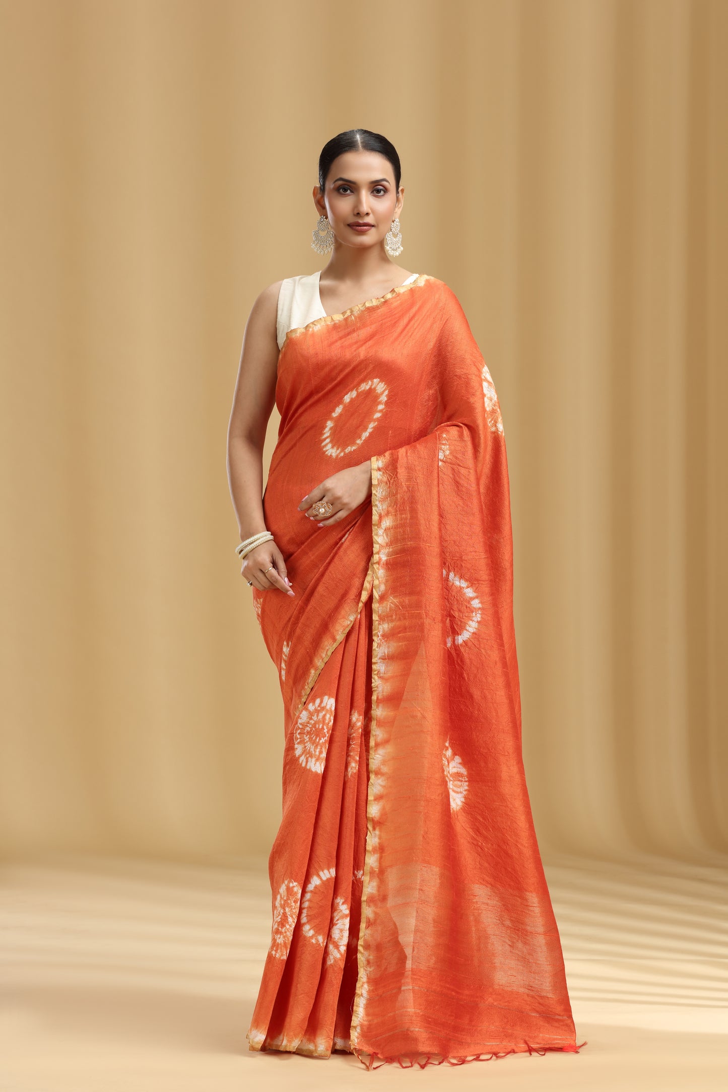 Rust Orange Raw Silk Saree with Batik Print and Unstitched Blouse