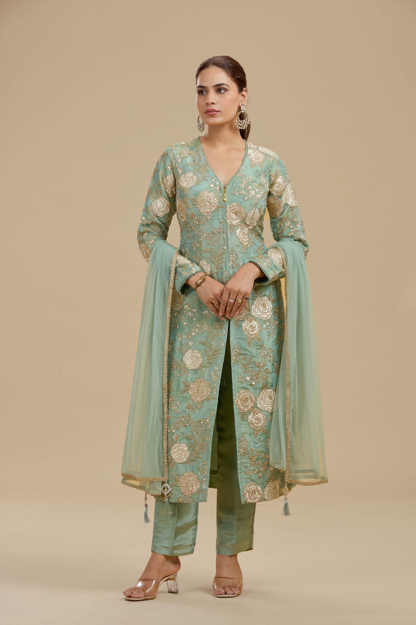 Sea Green Tissue Suit Set with Sequins, Cutdana & Zari Work