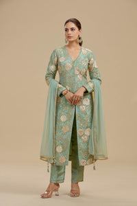 Sea Green Tissue Suit Set with Sequins, Cutdana & Zari Work