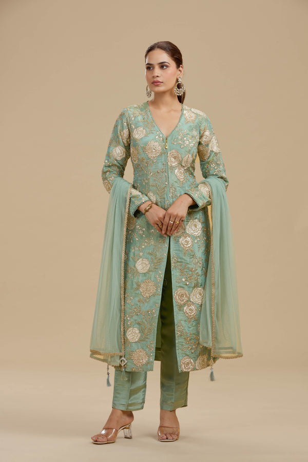 Sea Green Tissue Suit Set with Sequins, Cutdana & Zari Work