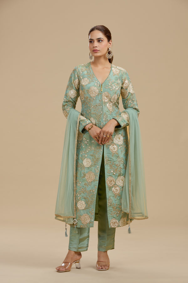 Sea Green Tissue Suit Set with Sequins, Cutdana & Zari Work