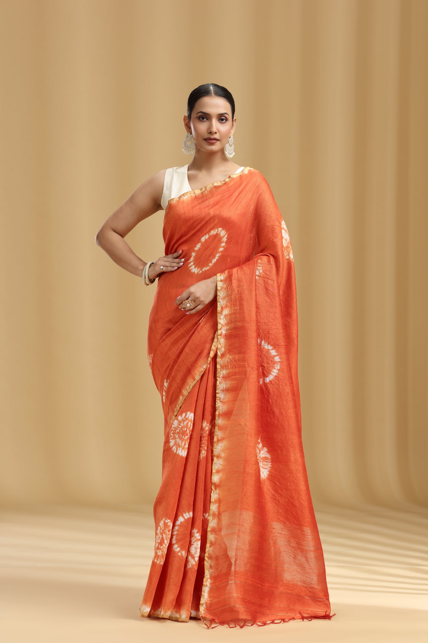 Rust Orange Raw Silk Saree with Batik Print and Unstitched Blouse