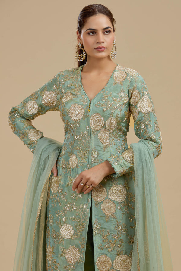 Sea Green Tissue Suit Set with Sequins, Cutdana & Zari Work