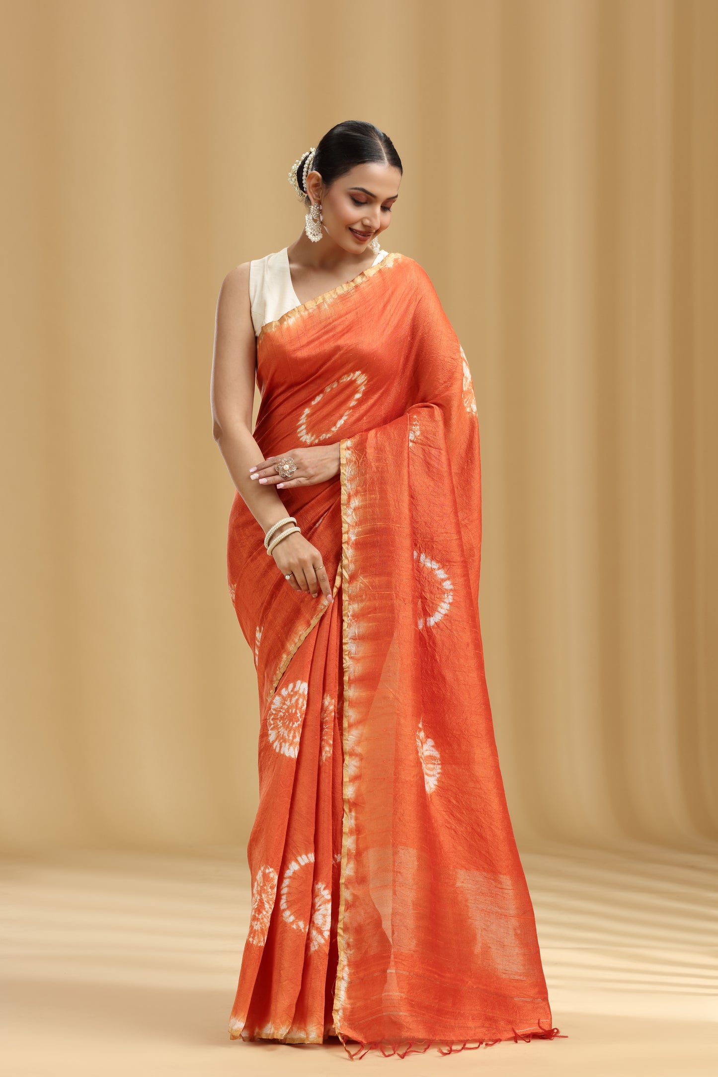 Rust Orange Raw Silk Saree with Batik Print and Unstitched Blouse