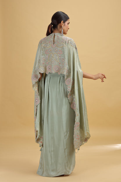 Sage Green Suit Set with Tissue Dupatta & Intricate Hand Work