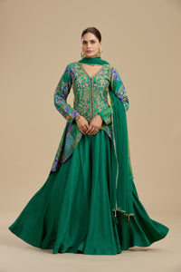 Green Raw Silk Suit Set with Abla, Zardosi & Hand Embellished Work