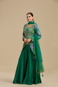 Green Raw Silk Suit Set with Abla, Zardosi & Hand Embellished Work