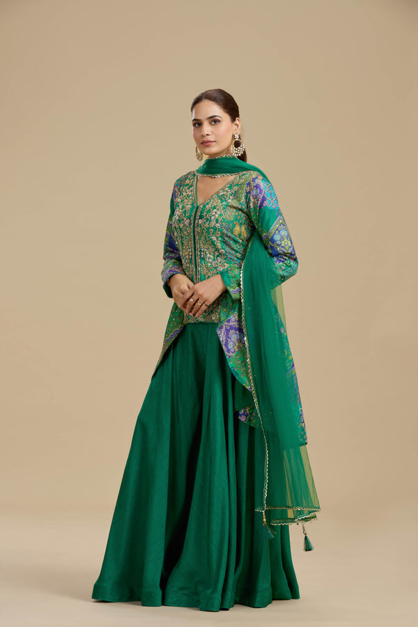 Green Raw Silk Suit Set with Abla, Zardosi & Hand Embellished Work