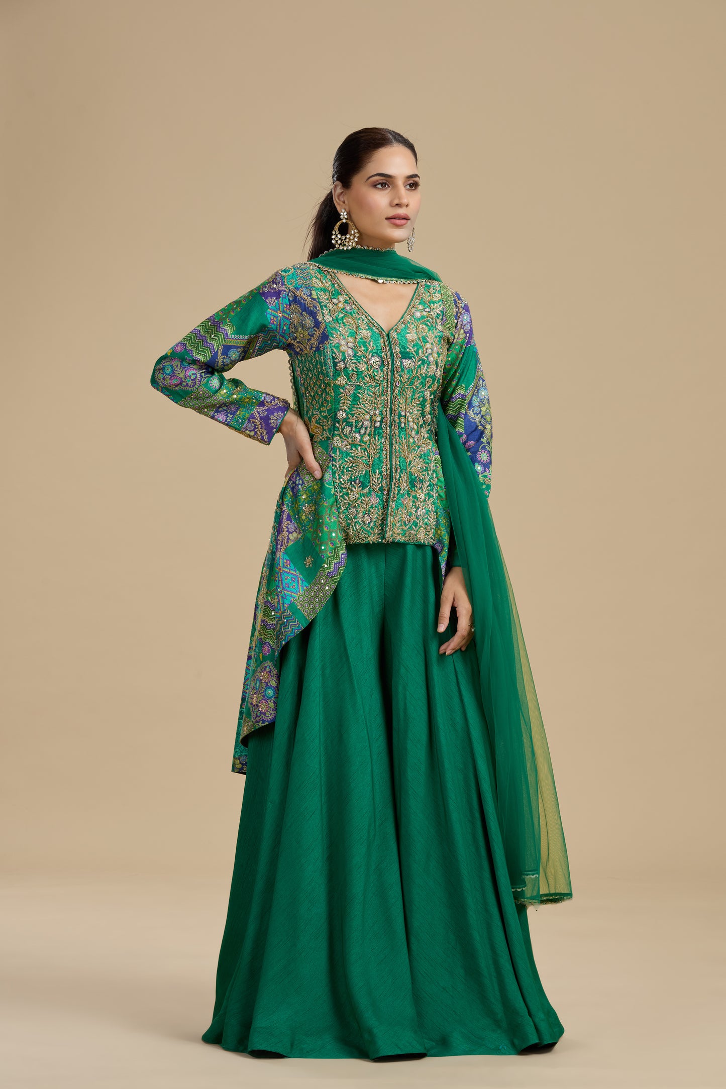 Green Raw Silk Suit Set with Abla, Zardosi & Hand Embellished Work