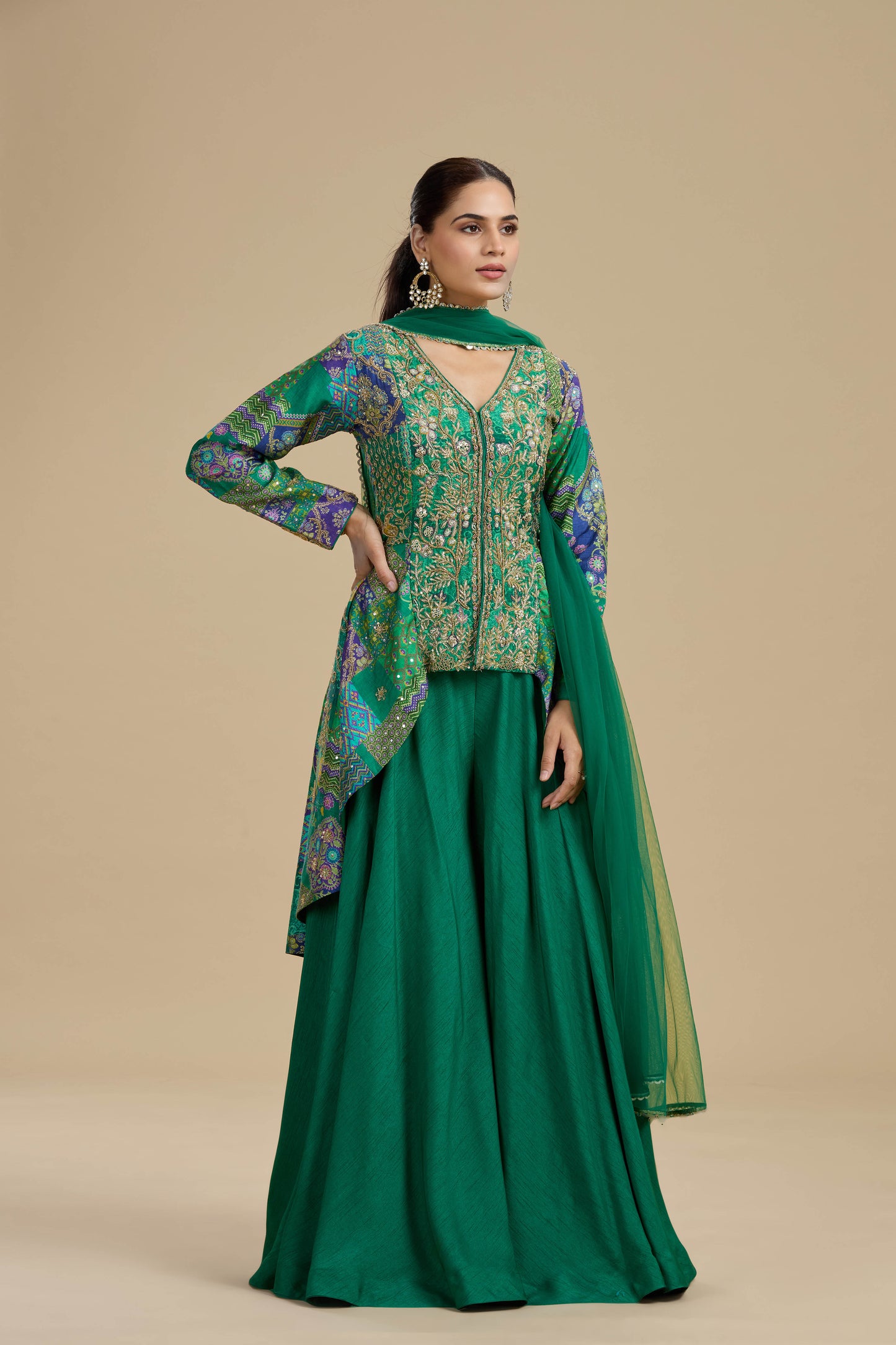 Green Raw Silk Suit Set with Abla, Zardosi & Hand Embellished Work