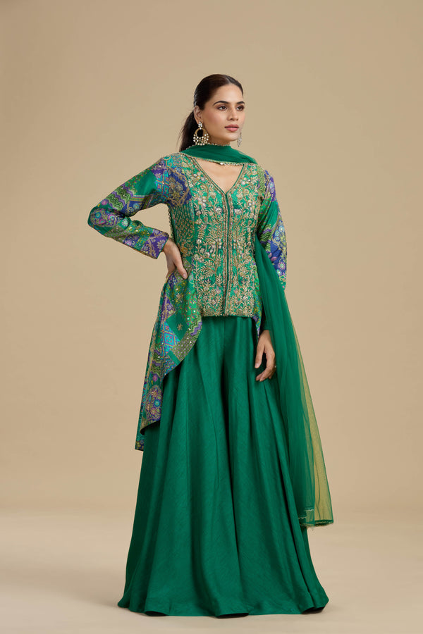Green Raw Silk Suit Set with Abla, Zardosi & Hand Embellished Work