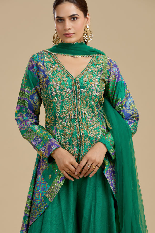 Green Raw Silk Suit Set with Abla, Zardosi & Hand Embellished Work