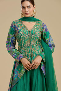 Green Raw Silk Suit Set with Abla, Zardosi & Hand Embellished Work