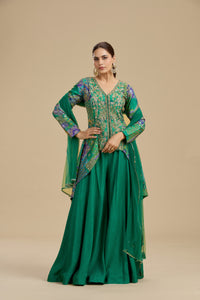 Green Raw Silk Suit Set with Abla, Zardosi & Hand Embellished Work